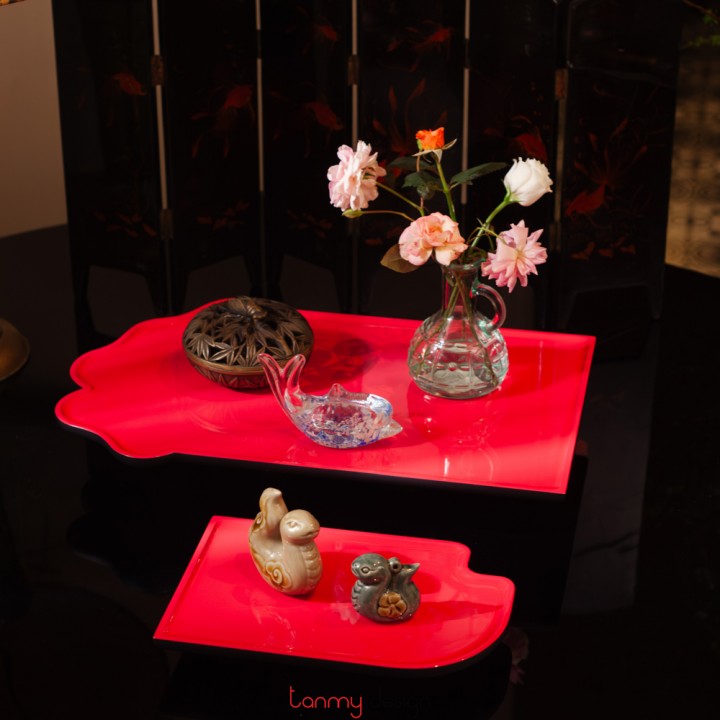 Khay sơn mài hoa đào 3 hồng sen KT 45x30cm